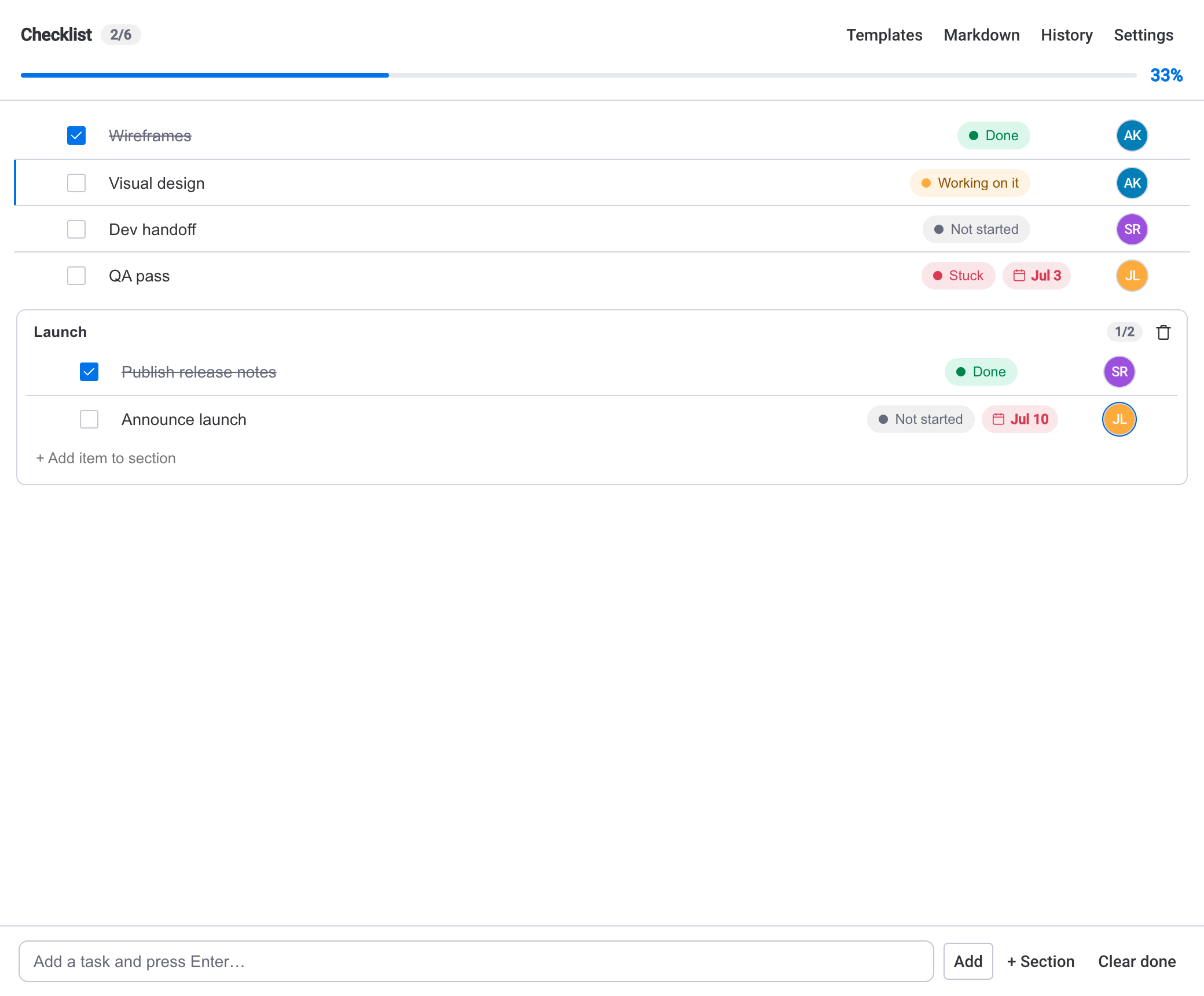 Checklist item view with statuses, owners, due dates and a section