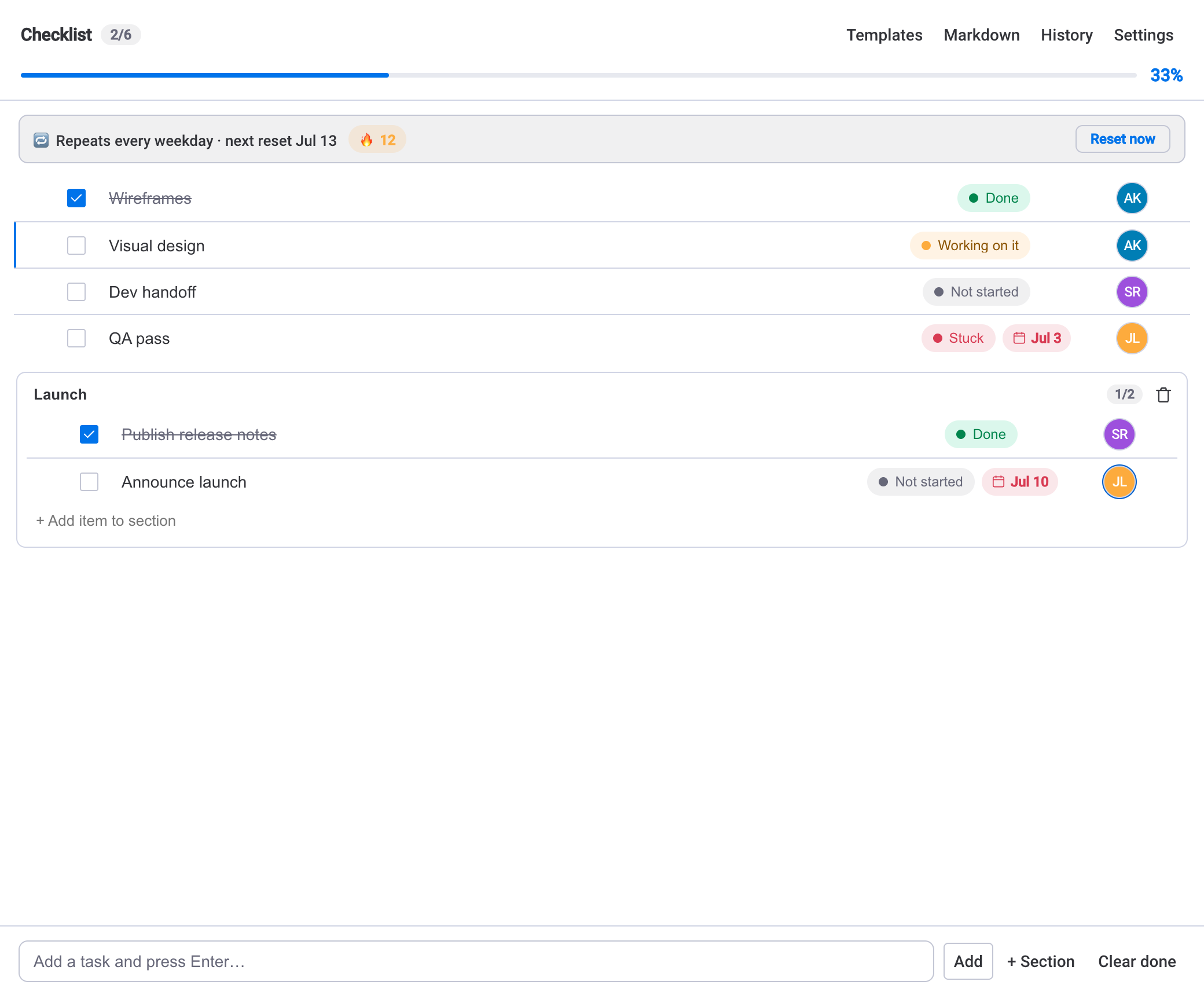 Recurring checklist routines with streaks and step dependencies