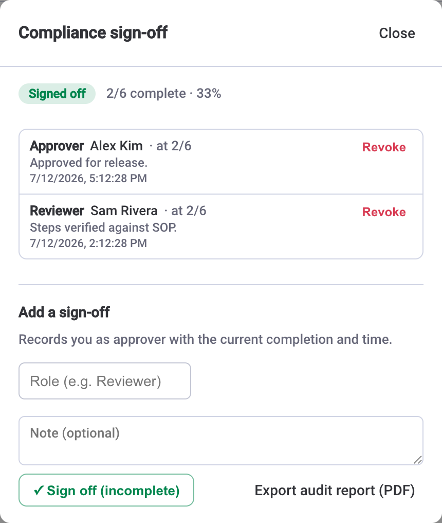 Compliance sign-off panel with a Reviewer and Approver record and an audit report export