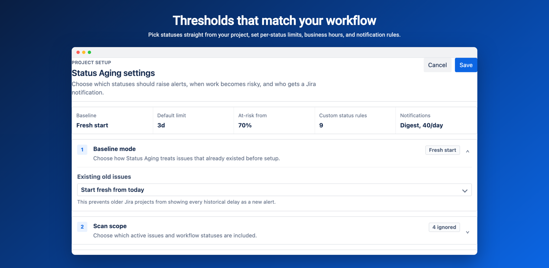 Time in Status settings with per-status thresholds, at-risk percentage and business-hours options