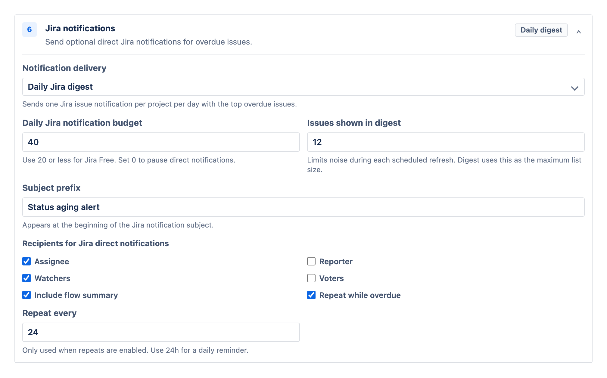 Notification settings in Time in Status for Jira: in-app alerts, rate-limited Jira notifications, and a scheduled daily digest summary.